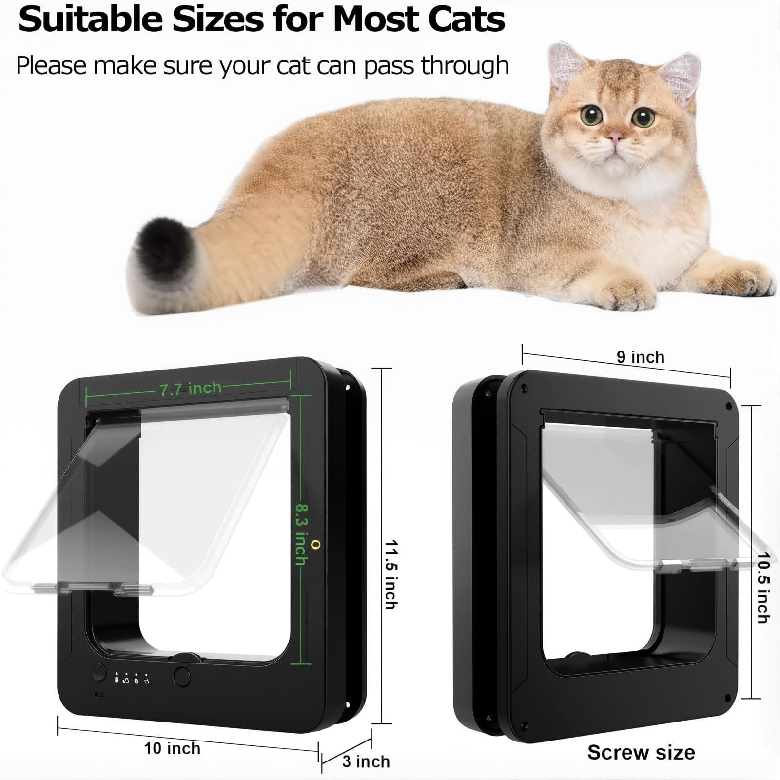 Chatière électronique avec 2 clés de Collier et télécommande, Trappe Intelligente pour Animal Domestique, Verrouillage 4 Voies, déverrouillage Automatique, Taille d'ouverture : 8 x 2, Black