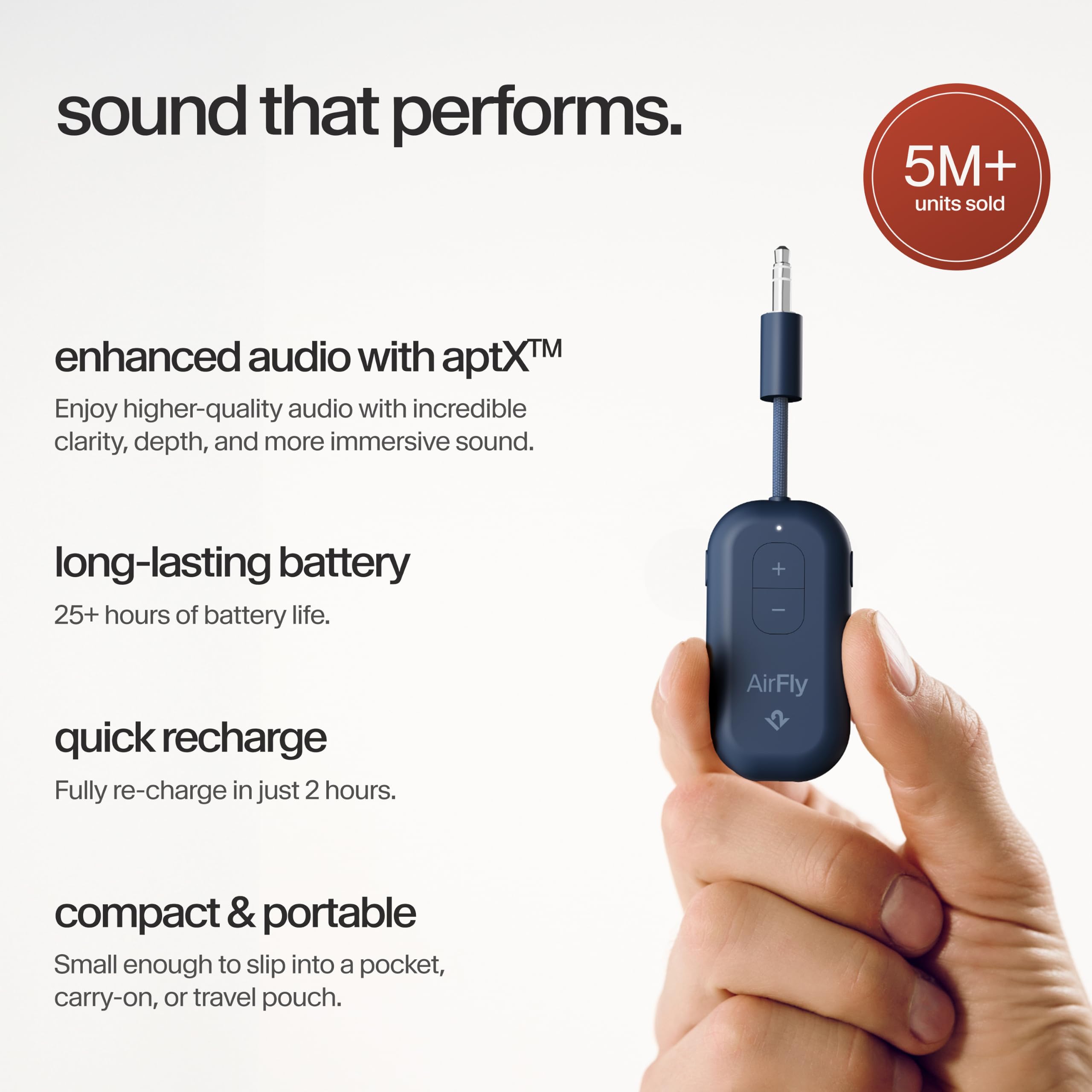 Twelve South AirFly Pro 2 Transmisor/Receptor Bluetooth 5.0 para TV/Avión a 2 Auriculares Inalámbricos - Adaptador Inalámbrico para AirPods, Avión, Coche, Gimnasio, Hogar, Uso con Cualquier Conector
