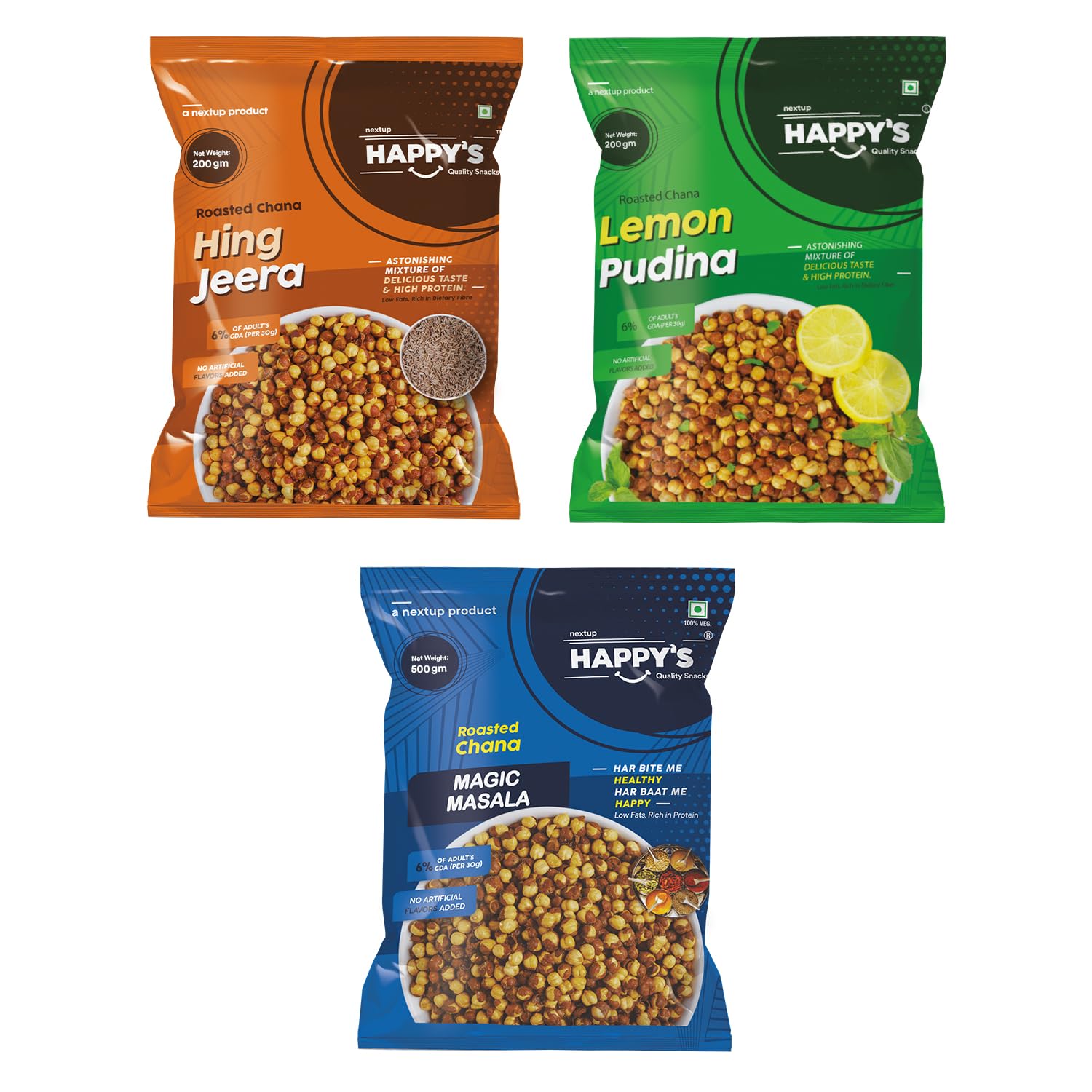 NEXT UP HAPPYS Roasted Chana|Pack Of 3|Magic Masala| Lemon Pudina| Hing Jeera| Low Fat|Rich In Protein|Roasted To Perfection|No Artificial Flavors|Nutrient-Rich Snacking| 200 Gm Pack Each (B0CPD37QNM) Amazon Price History, Amazon Price Tracker