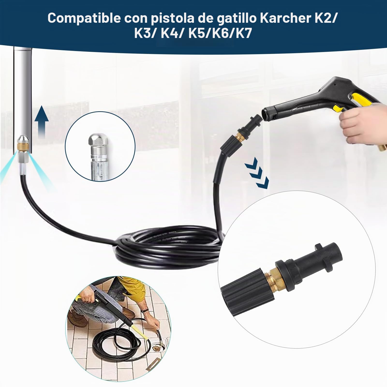 SWAWIS Manguera Limpieza Tuberías 15M 180 Bar Manguera Hidrolimpiadora Manguera Desatascador Tuberias a Presion con Boquillas Rígidas + Giratorias, Adaptador para Kärcher K2 K3 K4 K5 K6 K7