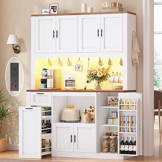 Itaar 71" White Pantry Cabinet with Charging Station, LED Light & 3-Tier Storage Cart - Microwave Stand for Kitchen Organization