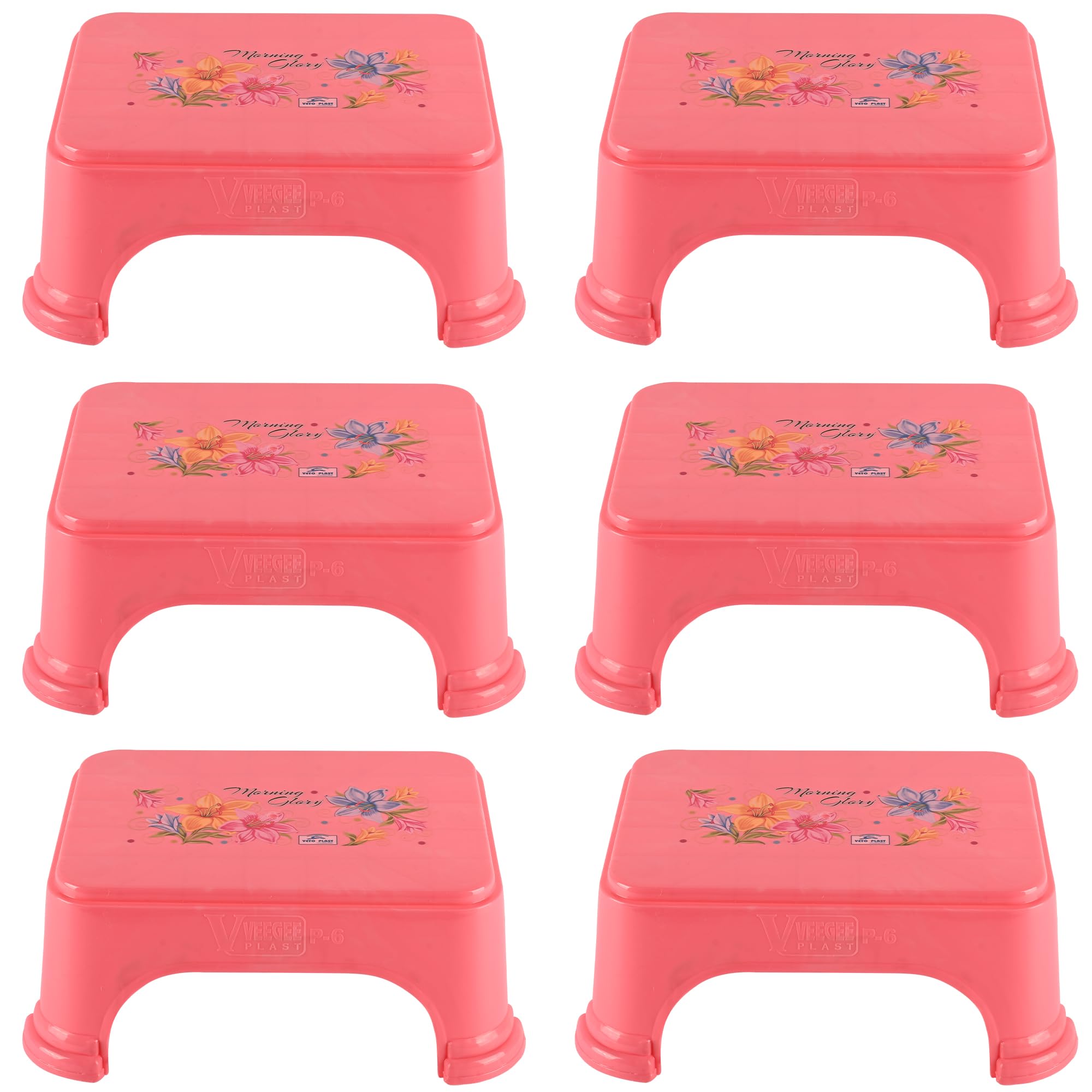 Kuber Industries Pack of 6 Bath Stool for Bathroom | Plastic Stools for Sitting | Bathroom Stool for Bathing | Flower Print Square Stool | Pink