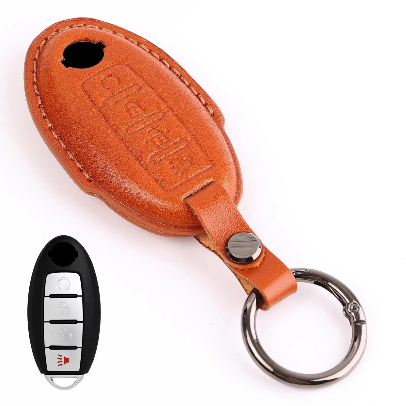 Llave Coche Fundas para Murano para Rogue para Sentra para Altima para Versa para Maxima para Titan Funda Cuero Genuino Llave Remota 4 Botones con Cadena Carcasa para Llave