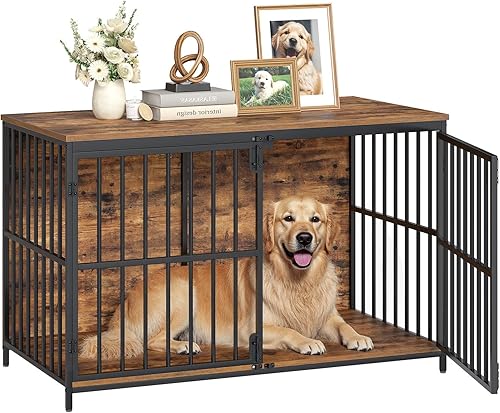 HOOBRO Muebles de Jaula para Perros Grande de 46.5", Perrera de Madera para Perros de Interiores, Jaula Resistente para Perros GrandesMedianos, Mesa