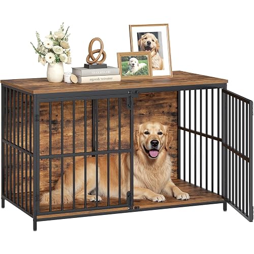 HOOBRO 46.5" Large Dog Crate Furniture, Wooden Dog Kennel Indoor, Heavy Duty Dog Cage for Large/Medium Dog, Decorative Side End Table, Rustic Brown and Black BF120GW03