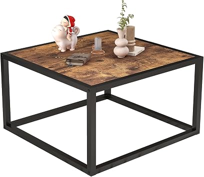 Square Coffee Table for Living Room, Tea Coffee Simple Centre Table, Modern Side Table with Wooden Top and Sturdy Metal Frame, Easy Assembly, Black and Rustic Brown