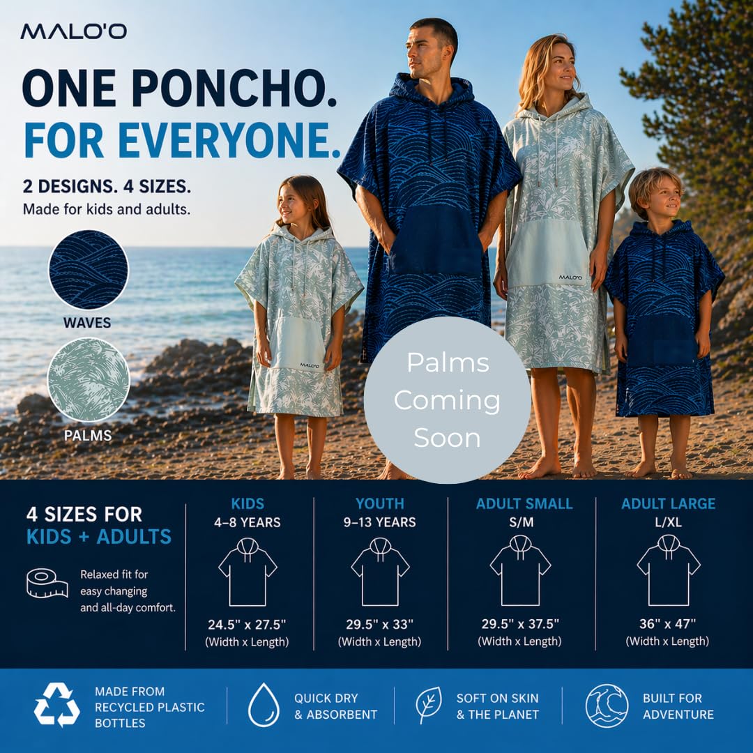 Malo'o Nalu Surf Poncho Wickelmantel mit Kapuze, weich und warm, Kinder- und Erwachsenengrößen, Wickeltuch und Poncho