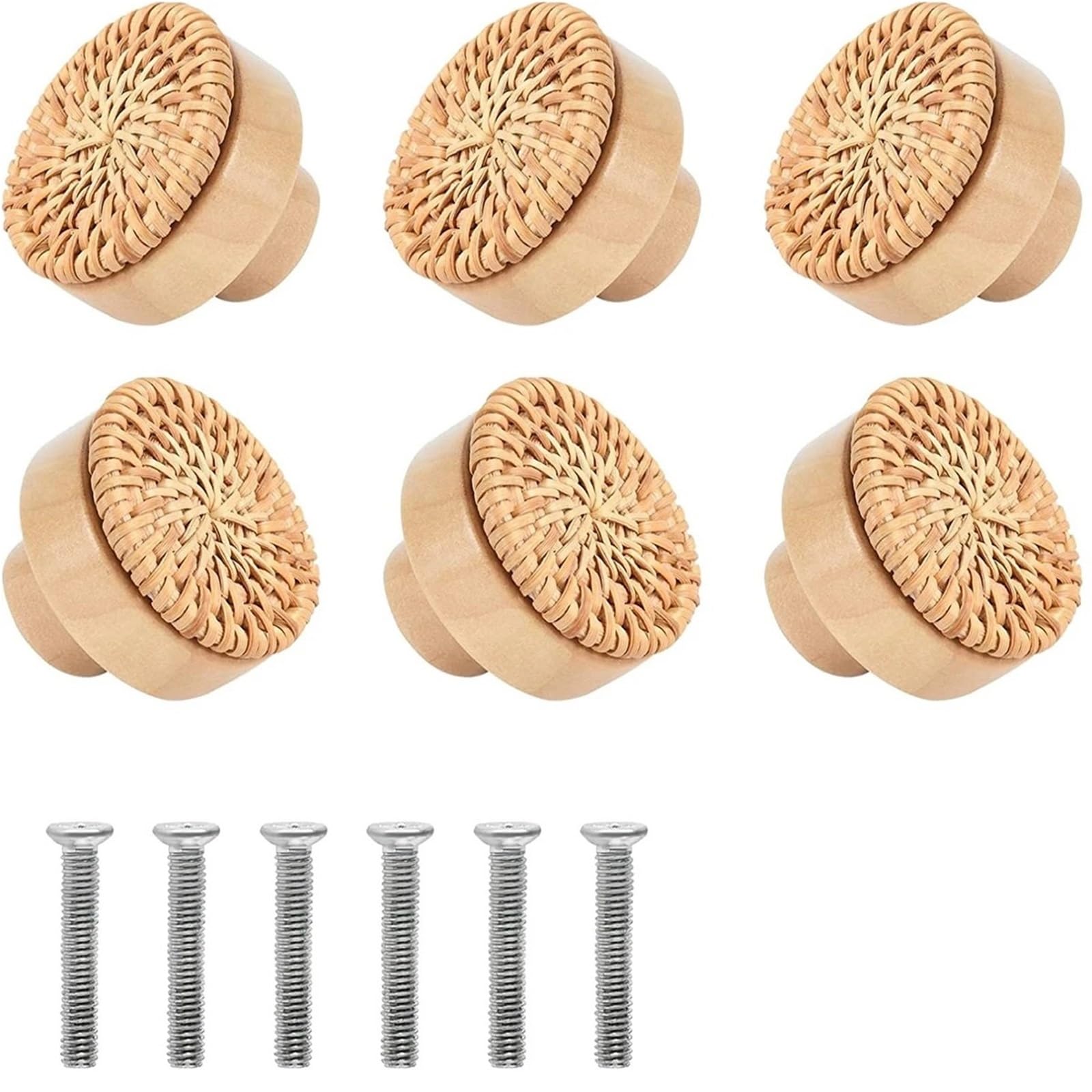 LSNNMU 6Pcs Rattan Wooden Drawer Knobs Round Handmade Woven Cabinets Dresser Furniture Handles Kitchen Cupboard Wardrobe Door Pulls for Home
