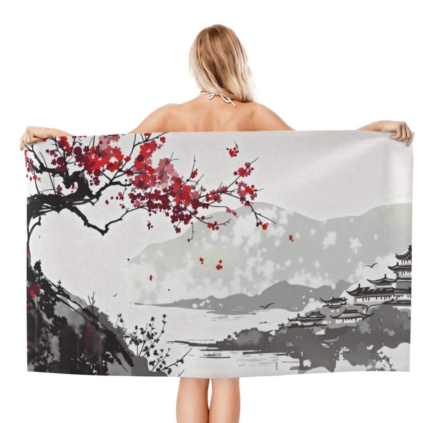 Anceky Beach Towel for Women, Oriental Landscape Sand-Free Microfiber Ultra Soft Lightweight Bath Towels for Outdoor Bathroom Swimming 32"X52"
