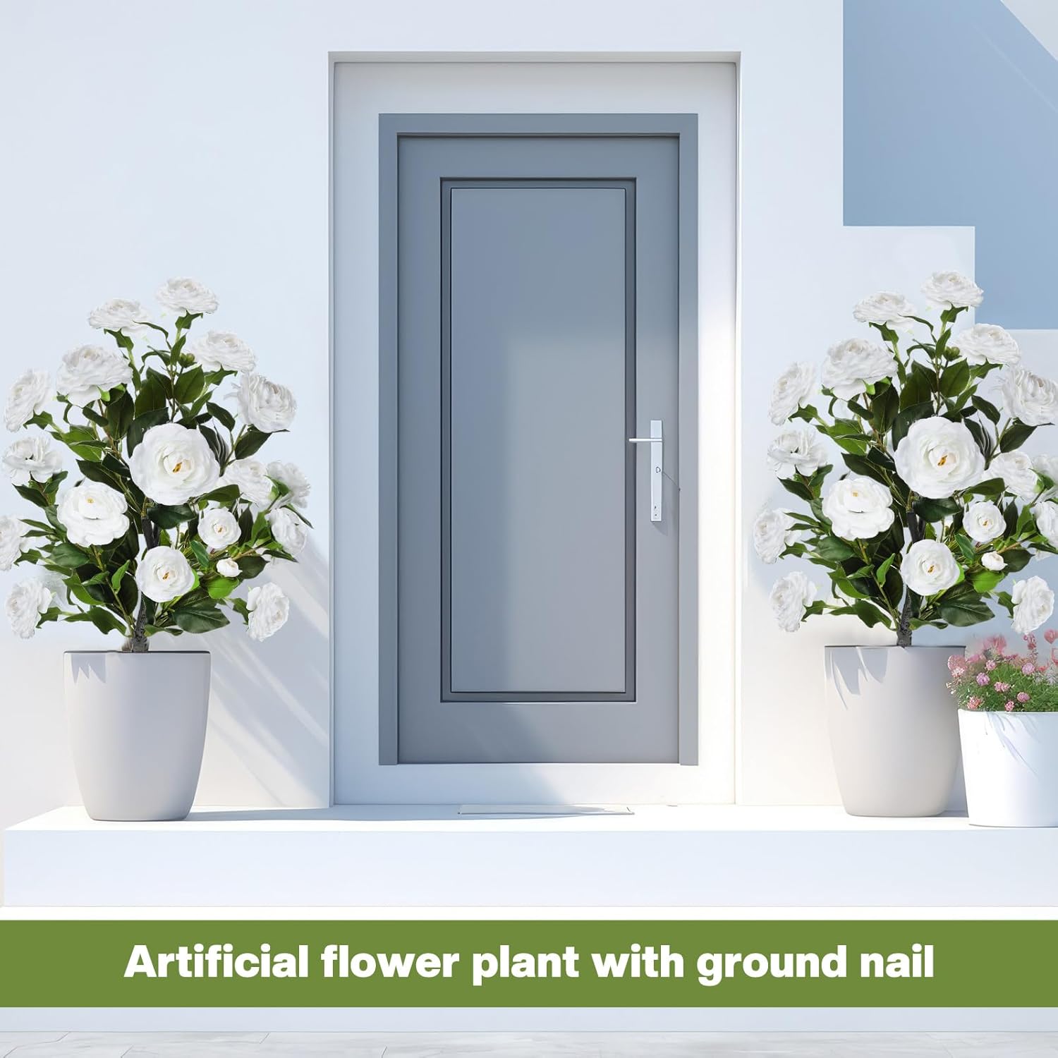 Lunmon 4 Pack 36" Artificial Camellia Flower Tree 3ft Outdoor Fake Flower Plant with Spike UV Resistant Faux Floral Blooming Bush for Front Door Porch Garden Indoor Patio Decor(White)