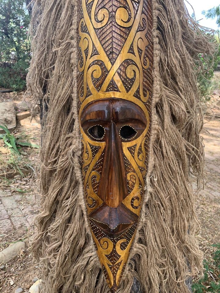 Tribal Maori Primitive Tiki Wood Tropical Wall Mask with Burlap Hair 40”x 7”