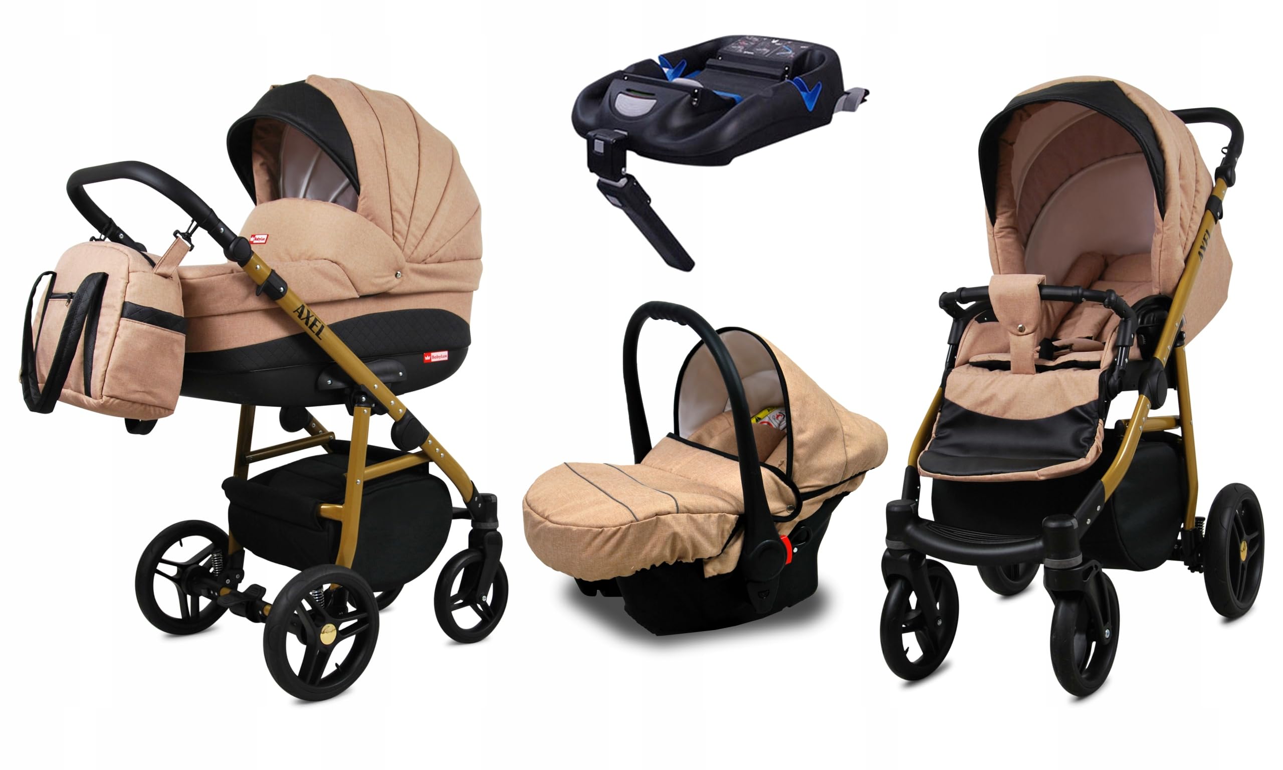 BabyLux® Wózek dziecięcy kompletny zestaw 4 w 1, Axel, w tym gondola dla niemowląt, wędka, fotelik samochodowy, podstawa ISOFIX, wózek dziecięcy, system kombinowany, z torbą do przewijania itp.