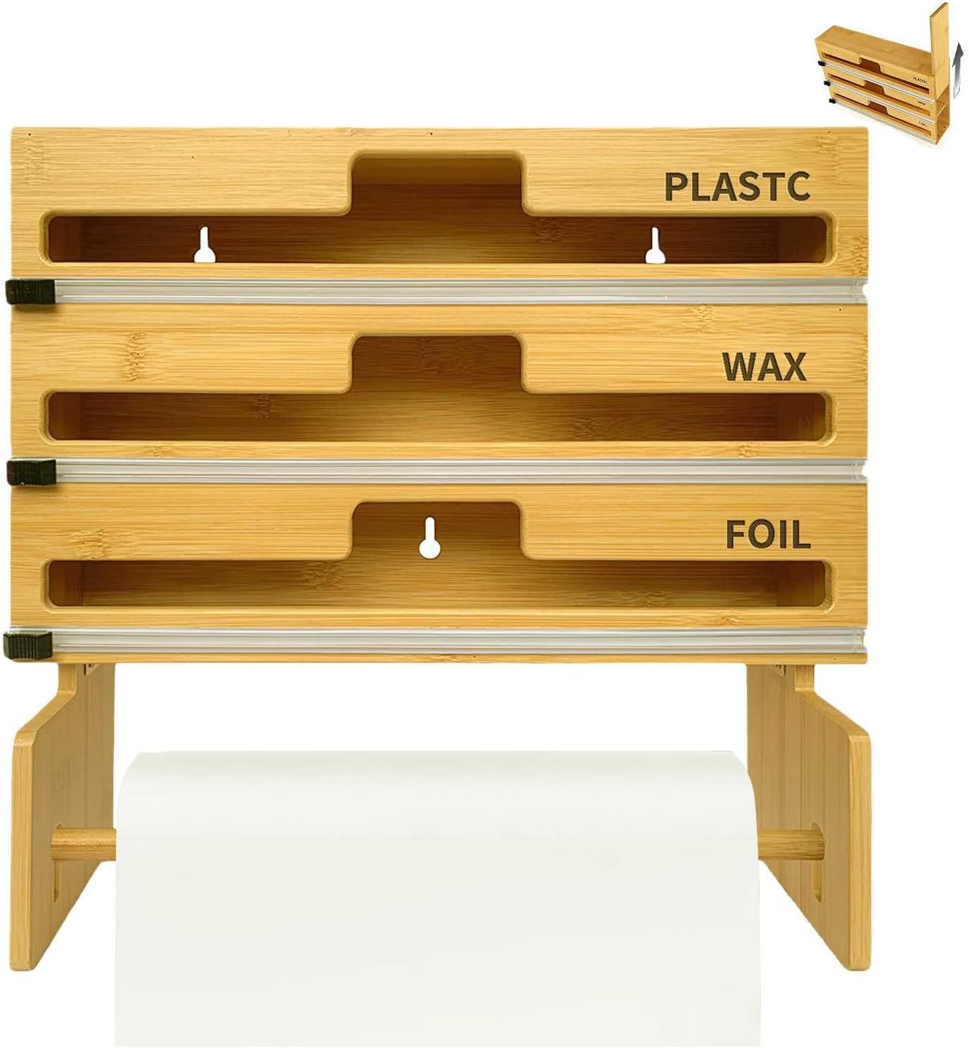 Distributeur de papier d'aluminium et de pellicule plastique avec coupe-papier et porte-serviettes en papier, organisateur de film en bambou pour l'organisation du rangement de la cuisine, compatible