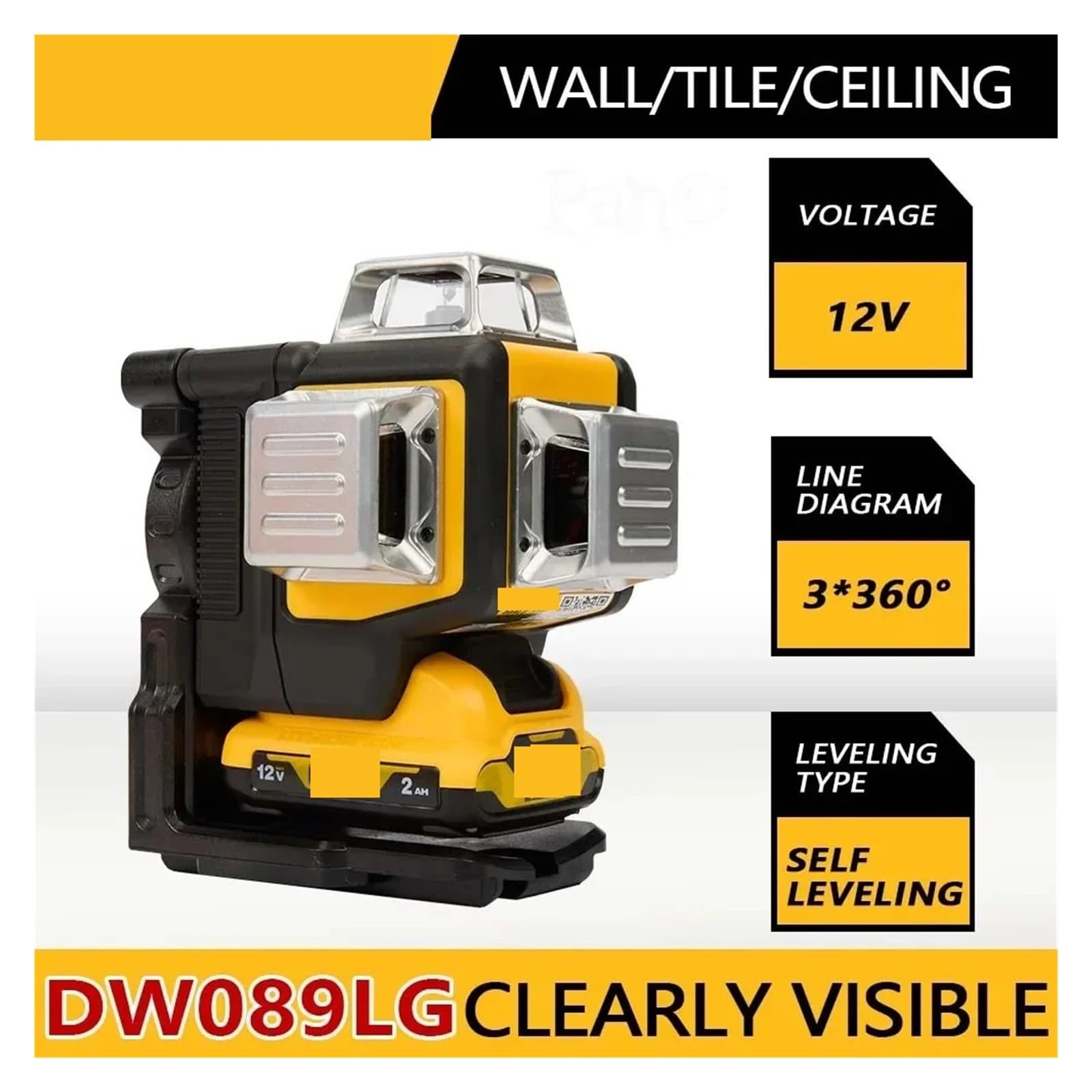 Niveau Laser Dewalt DW089LG 3 Côtés 360° 12 Lignes Vert + Batterie 12V + Chargeur (neuf)