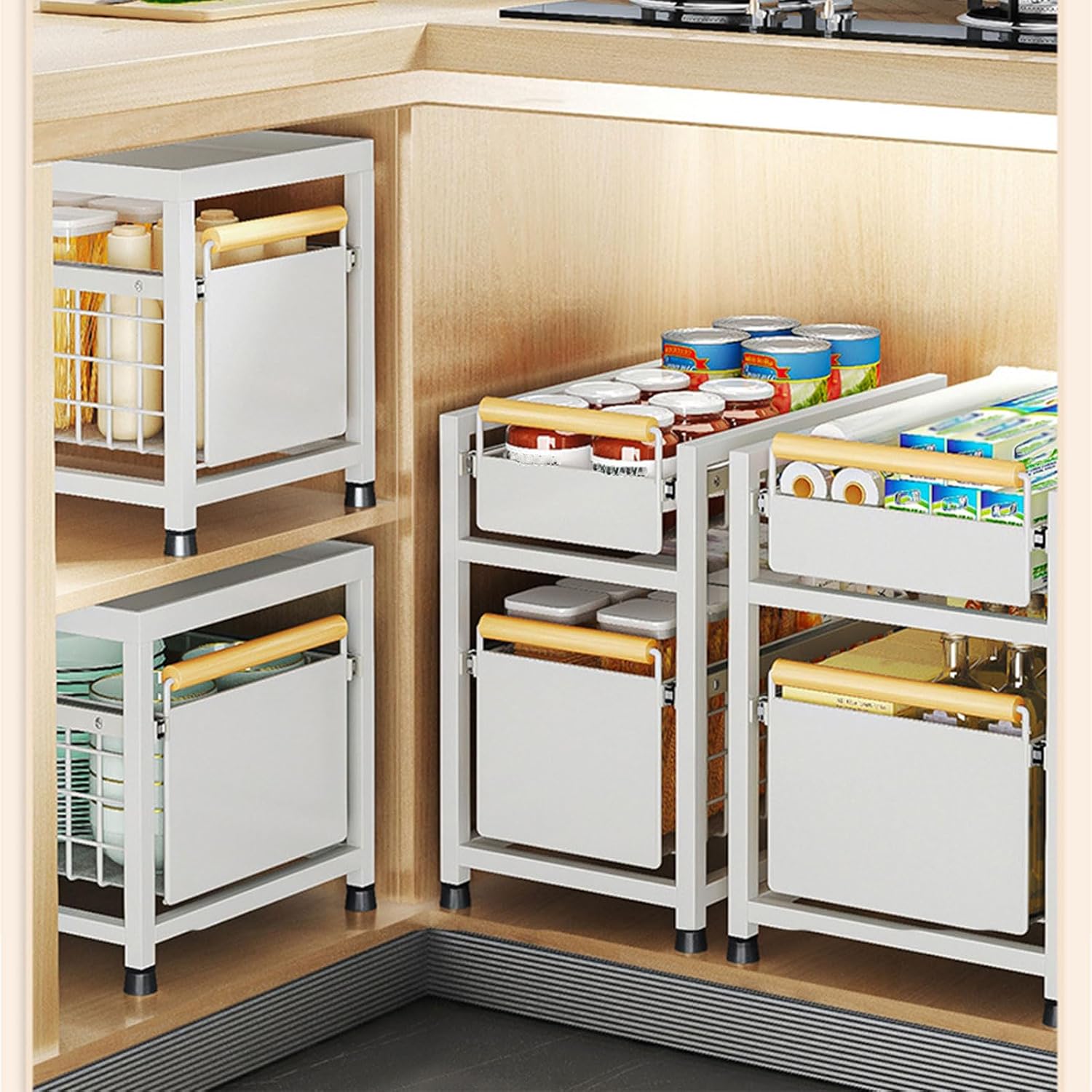 2 Tier Pull-Out Storage Organizer, Slide Out Kitchen Cabinet Storage Sliding Shelves, Under Sink Organizers Drawer, Mesh Cabinet Basket with Handle for Bathroom, Home