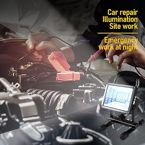 Vista 22 de LANFU Luz de trabajo LED de 15 W con soporte, luces de inundación portátiles recargables de 4000 lm, interruptor de brillo ajustable, IP65