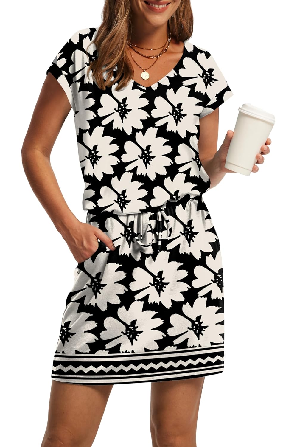 OFEEFAN Summer Dresses for Women 2026 V Neck T Shirt Casual Mini Dresses Tie Waist Sundresses with Pockets