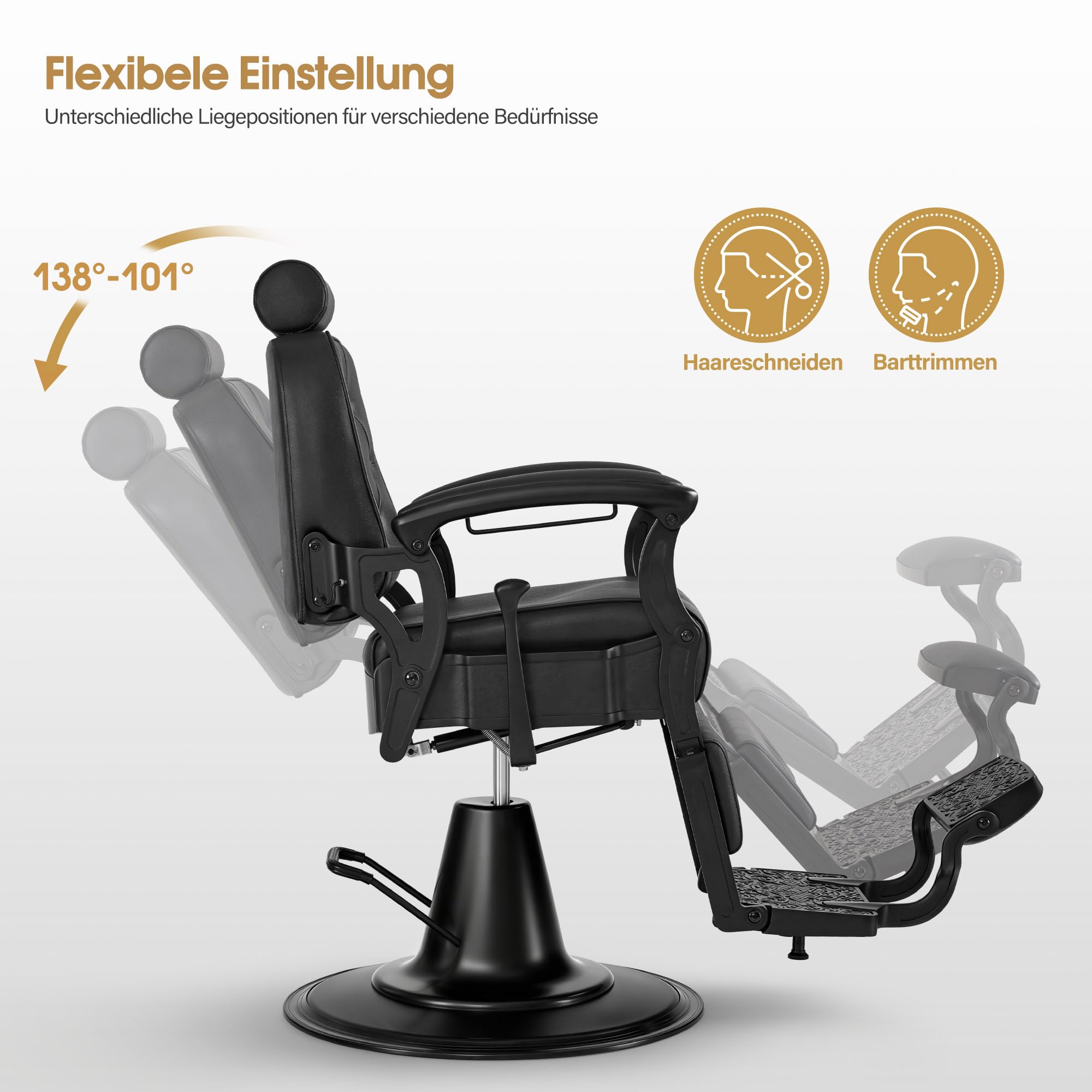 Barberpub Friseurstuhl mit Kopfstütze Kippbar, Friseureinrichtung mit Hydraulikpumpe 360° Drehbar, Höhenverstellbarer Bedienungsstuhl mit Vintage Stil, Barber Stuhl Kunstleder, 3813 (Schwarz)
