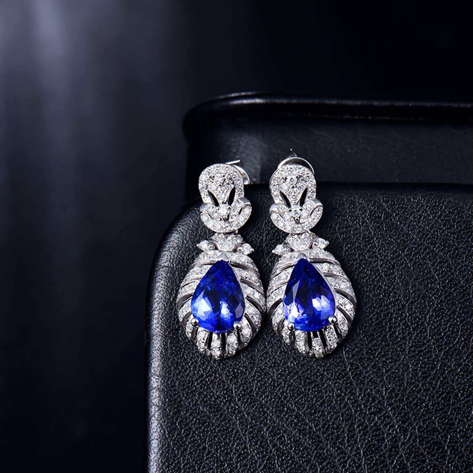 Weißgold Ohrringe Hochzeit 9K / 14K / 18 K Damen, Wassertropfen mit Tansanit 3 Karat und Diamant, Ohrringe Hängend Blau Silber Damen