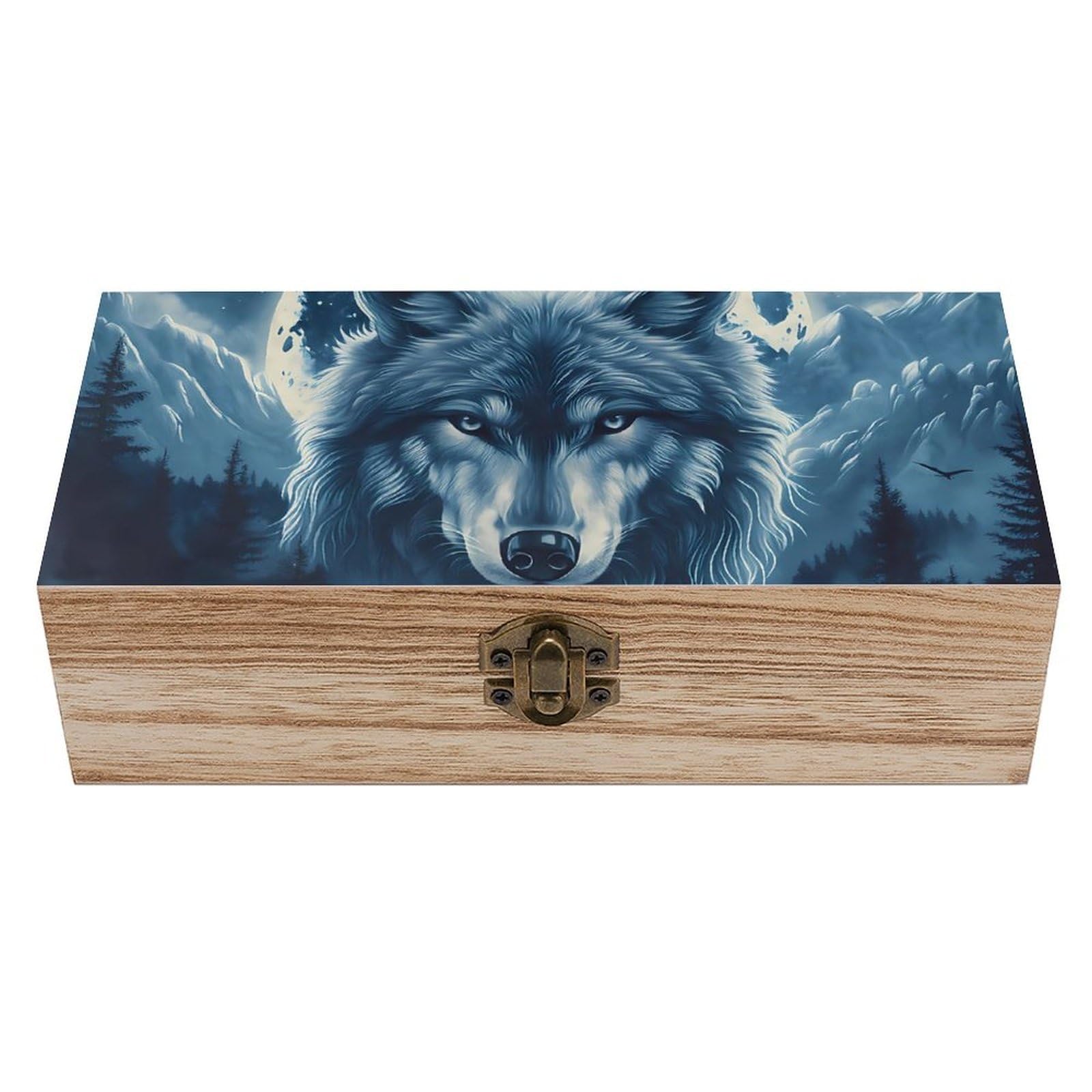 HLBSDM Mystical Moon Wolf And Forest Retro Wooden Storage Box Jewelry Art Gift Boxs Decorative Keepsake Boxes