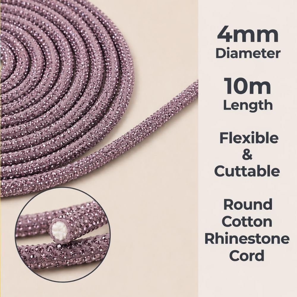 GDO GIOIE D'ORIENTE Cordone Strass in Silicone, 4 mm x 10m, con Cristalli Decorativi per Accessori Moda Borse Fai da te (Lilla scuro, 4.0 Millimetri X 10.0 Metri)