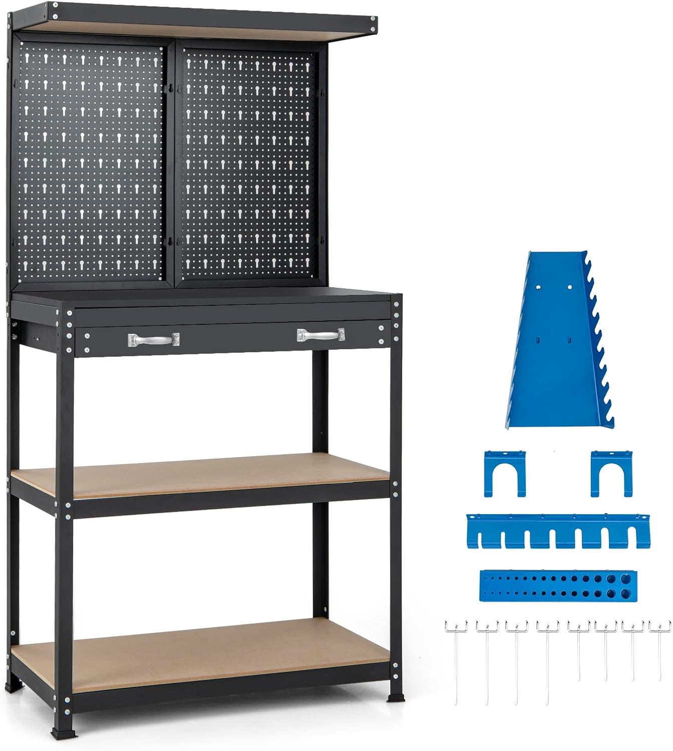 GiantexUK Workbench with Pegboard, Metal Frame Garage Work Bench with