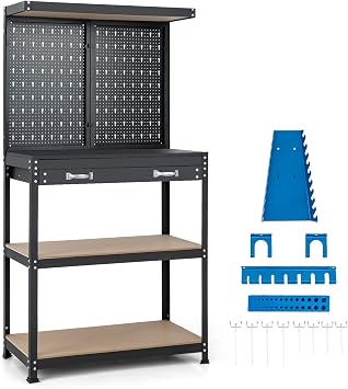 GiantexUK Workbench with Pegboard, Metal Frame Garage Work Bench with 13 Hanging Accessories, Drawer & 4-Tiers Shelves, Heavy Duty Tool Storage Station Unit for Warehouse Workshop Blue + Black
