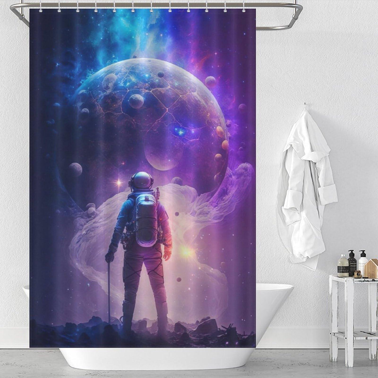 Rideau de douche astronaute imperméable rideau de bain tissu lavable 122x183cm avec crochets