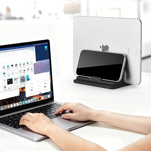 Miniatura 6 de Soporte vertical dual para laptop, 3 en 1, soporte vertical de escritorio con base ajustable (hasta 17.3 pulgadas), organizador de escritorio de