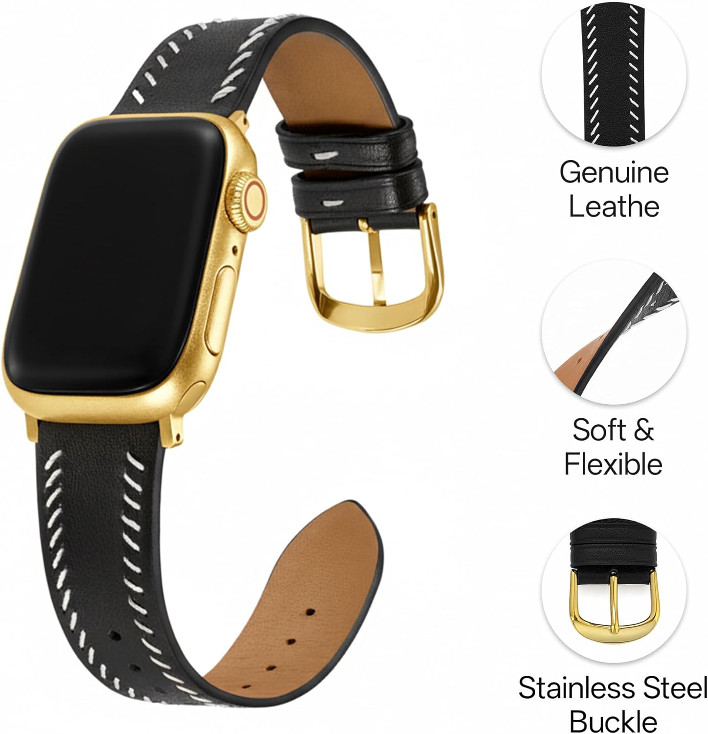 Classic Stitch Genuine Leather Watch Band for Women Compatible with Apple Watch 38/40/41/42/44/45/46/49mm, for iWatch Series 11/10/9/8/7/6/5/4/3/2/1 Ultra3 SE, Minimalist Strap