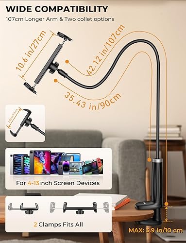 Miniatura 4 de Soporte para teléfono con cuello de cisne para tableta base giratoria, brazo flexible ajustable con 2 clips, soporte para tableta compatible con