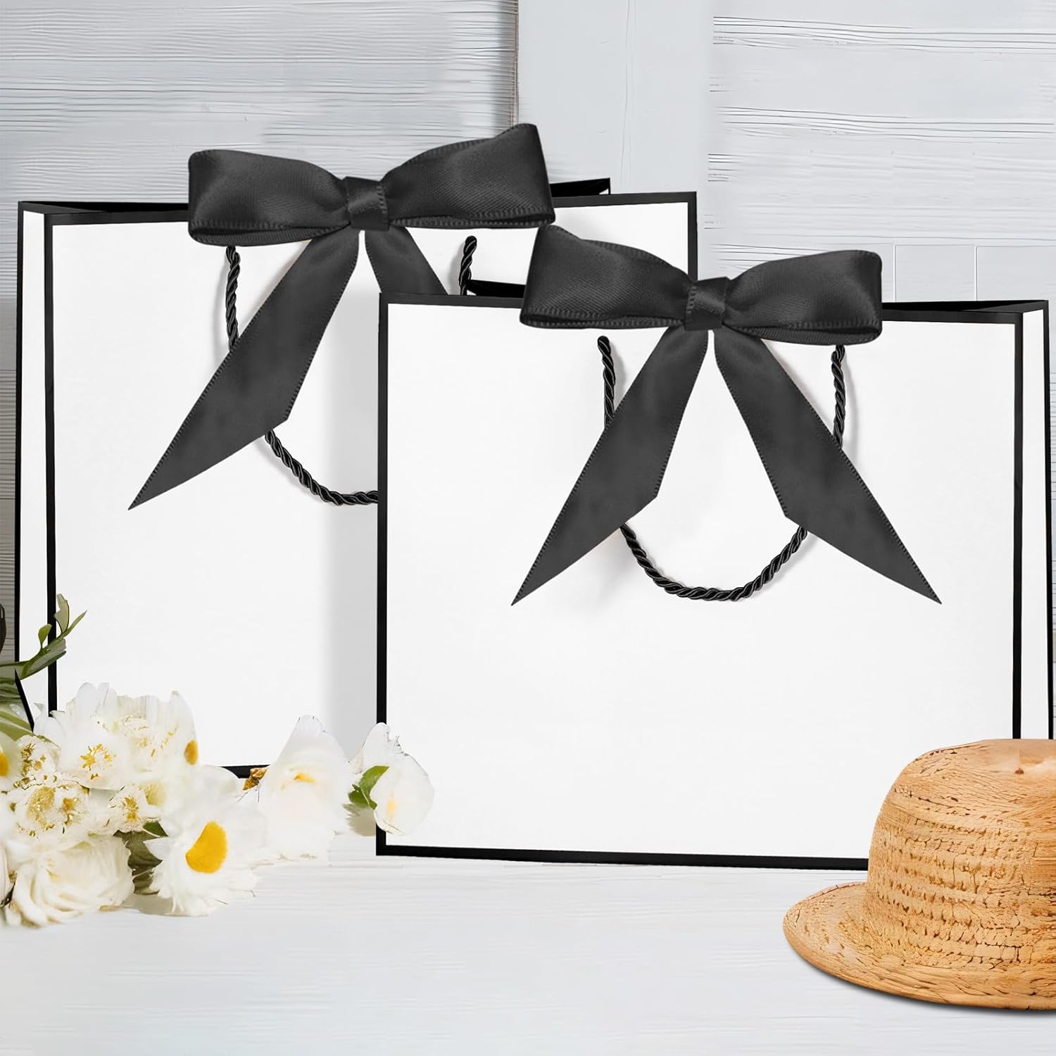 LDIWEE 12 PCS Black White Gift Bags with Handles, Bridesmaid Thank You Bags for Wedding, Elegant Gift Bags with Bow Ribbon Welcome Bags, Birthday, Baby Shower, Summer Vacation - Image 5