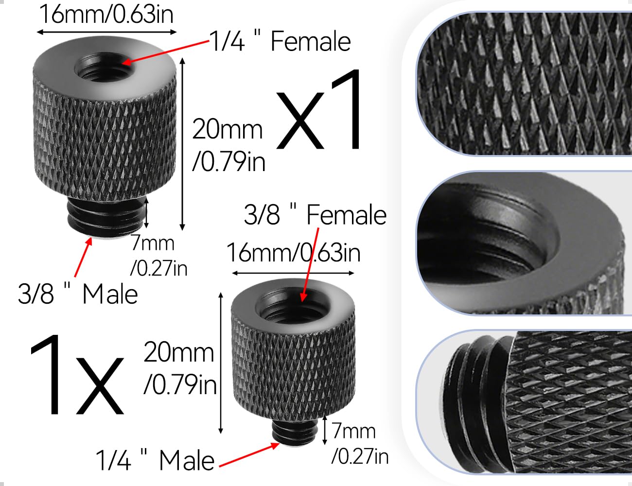 Adaptateur de Filetage 2 Pièces, Adaptateur de Pied de Microphone en Alliage d'Aluminium 3/8 vers 1/4 Pouce, Vis de Trépied 1/4 vers 3/8 Pouce, pour Pieds d'Éclairage d'Appareil Photo (Noir)