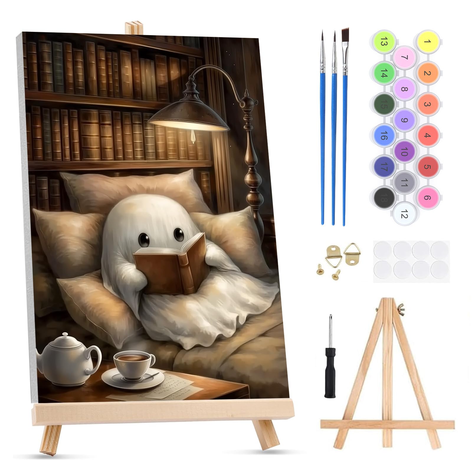 QENSPE Paint by Numbers for Adults on Framed Canvas - with Wooden Easel, Ghost Reading Painting by Number Kit for Beginners, DIY Halloween Acrylic Oil Painting for Home Wall Decor 8x12 Inch