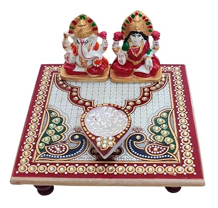 Anticia Handicrafts Marble Chowki with Laxmi Ganesh Idol and Puja Diya On Aasan Showpiece for Pooja (6X6 Bajot), Multicolour, Medium