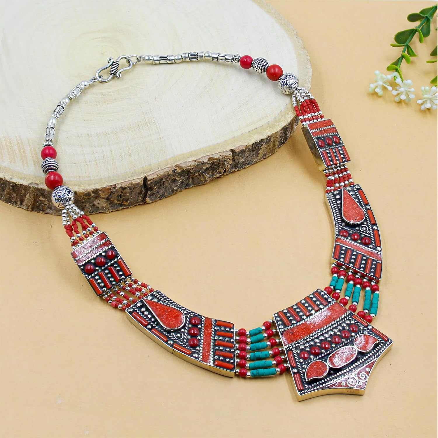 Tibetan Silver Bohemian Turquoise Coral Collar Necklace for Women Chunky Tribal Choker Statement Festival Jewelry Ethnic Boho Necklace