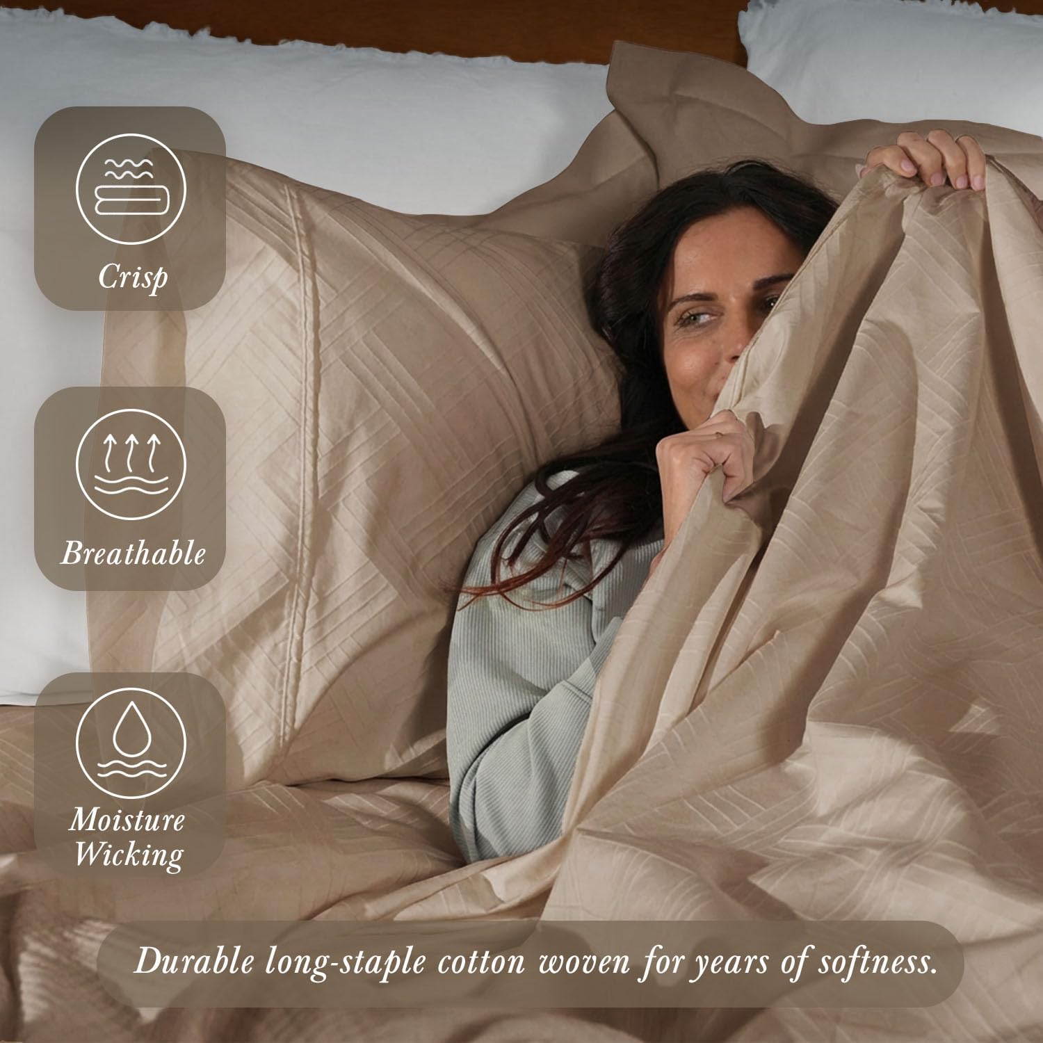 Threadmill California King Size Sheets | 800 Thread Count Jacquard Celine Light Beige | 4 Piece Striped Bed Sheets | Extra Long Staple Cotton Sheet | Luxury Damask Sheets with Elasticized Deep Pocket - Image 3