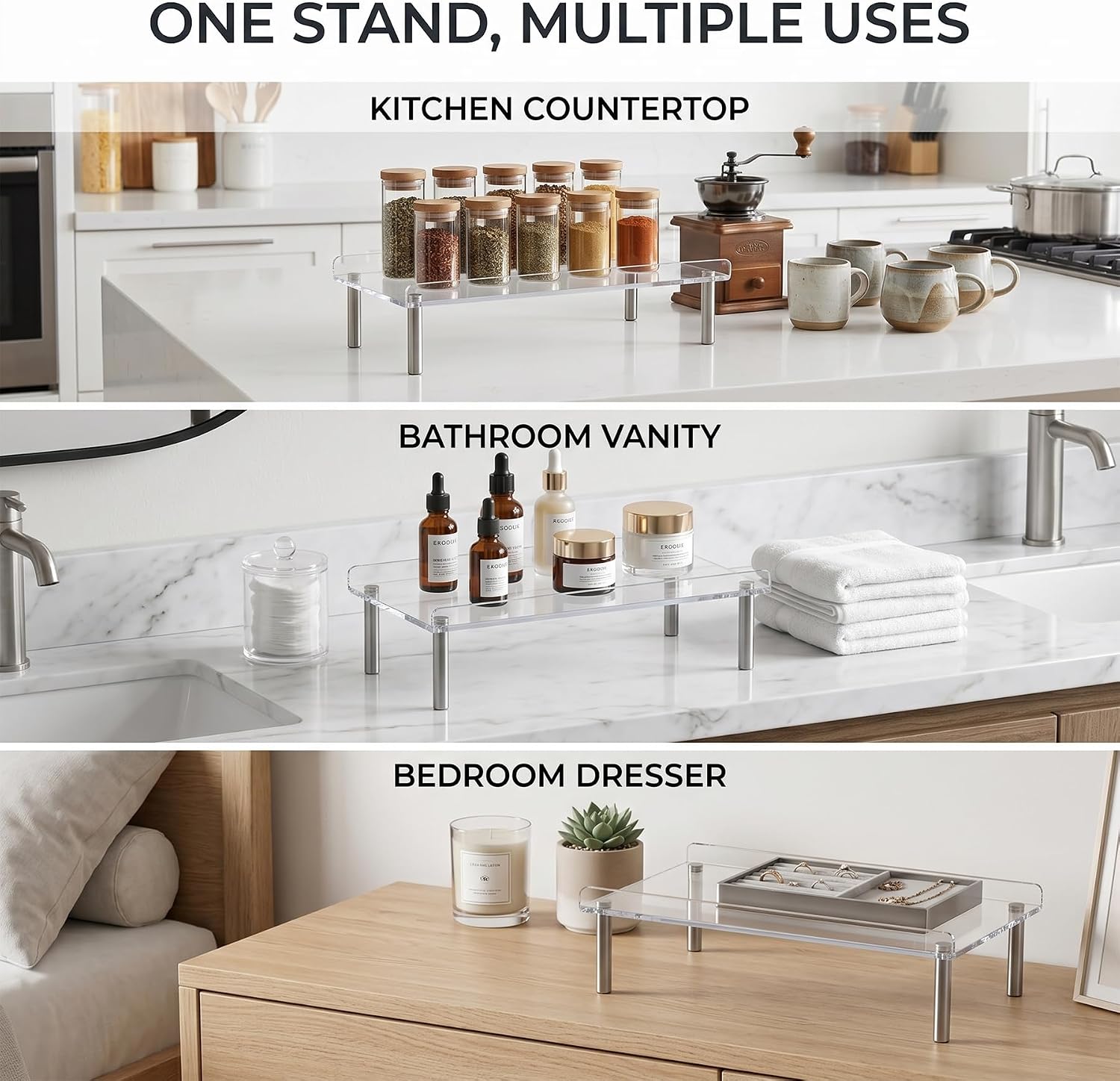 2 Pack Clear Acrylic Riser, Display Stand, Large Transparent Monitor Riser Stand Acrylic Shelf with Non-Slip Feet, Desktop Organizer for Collectibles, Figurines, Cosmetics, Multifunctional Stand