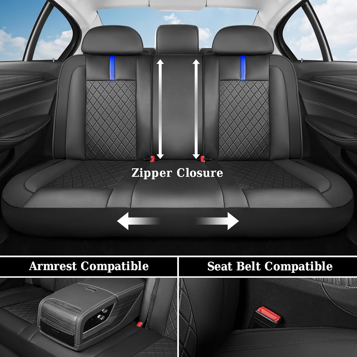 Coverado Full Set Car Seat Covers, Waterproof Front Seats Back Seat Cover, Leather Seat Covers Non-Slip Seat Protectors Universal Fit for Most Cars (Black-Blue)