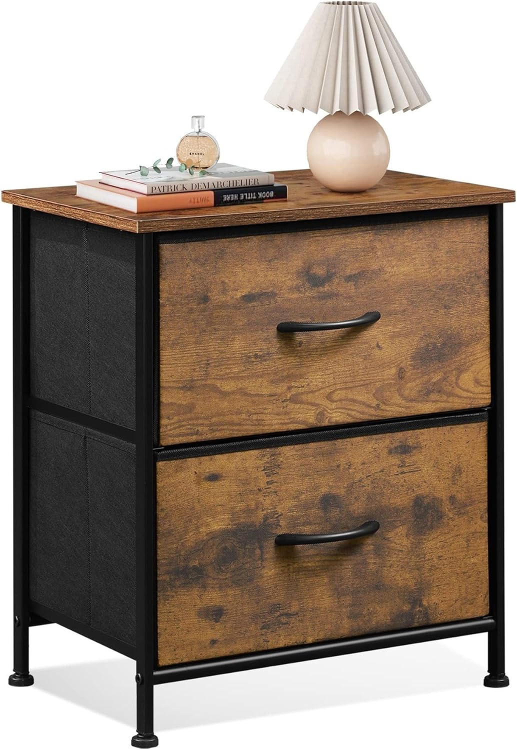 Movni 2段ベッドサイドキャビネット アイアンウッド+オックスフォードクロス素材 多機能収納引き出しラック 寝室向け 文房具 医