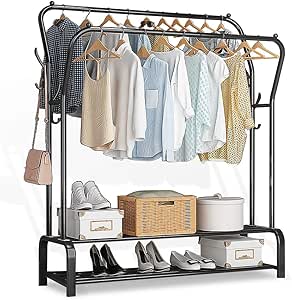 【色:ブラック】AKOZLIN ハンガーラック ダブル 2段棚付き 洋服ラック AmazonBasics ハンガーラック 2段 大容量181kg