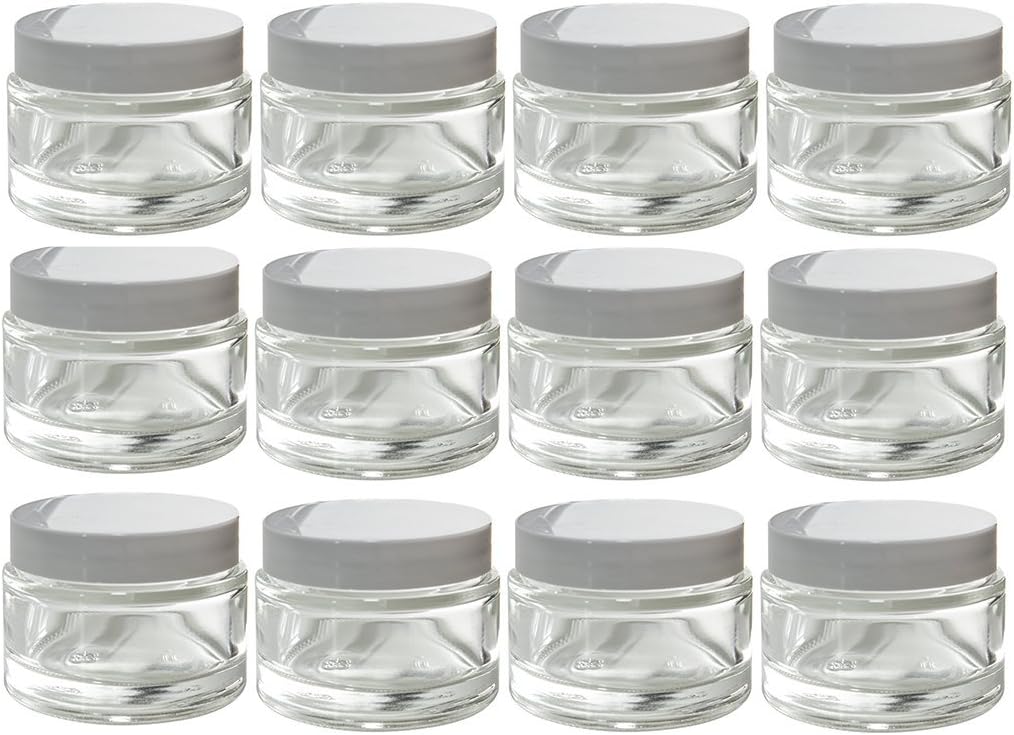 (12 pack) 2 oz Clear Glass Thick Wall Jars with White Foam Lined Smooth Lids