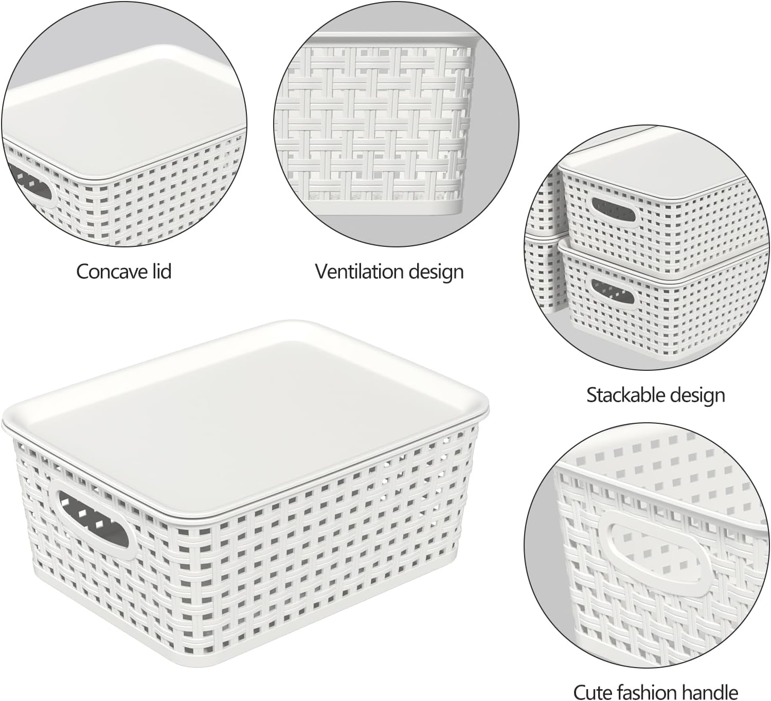 6 Pack Plastic Stackable Storage Baskets with Lids, White Breathable Storage Containers Bins for Organizing Desktop Closet Playroom Classroom Office