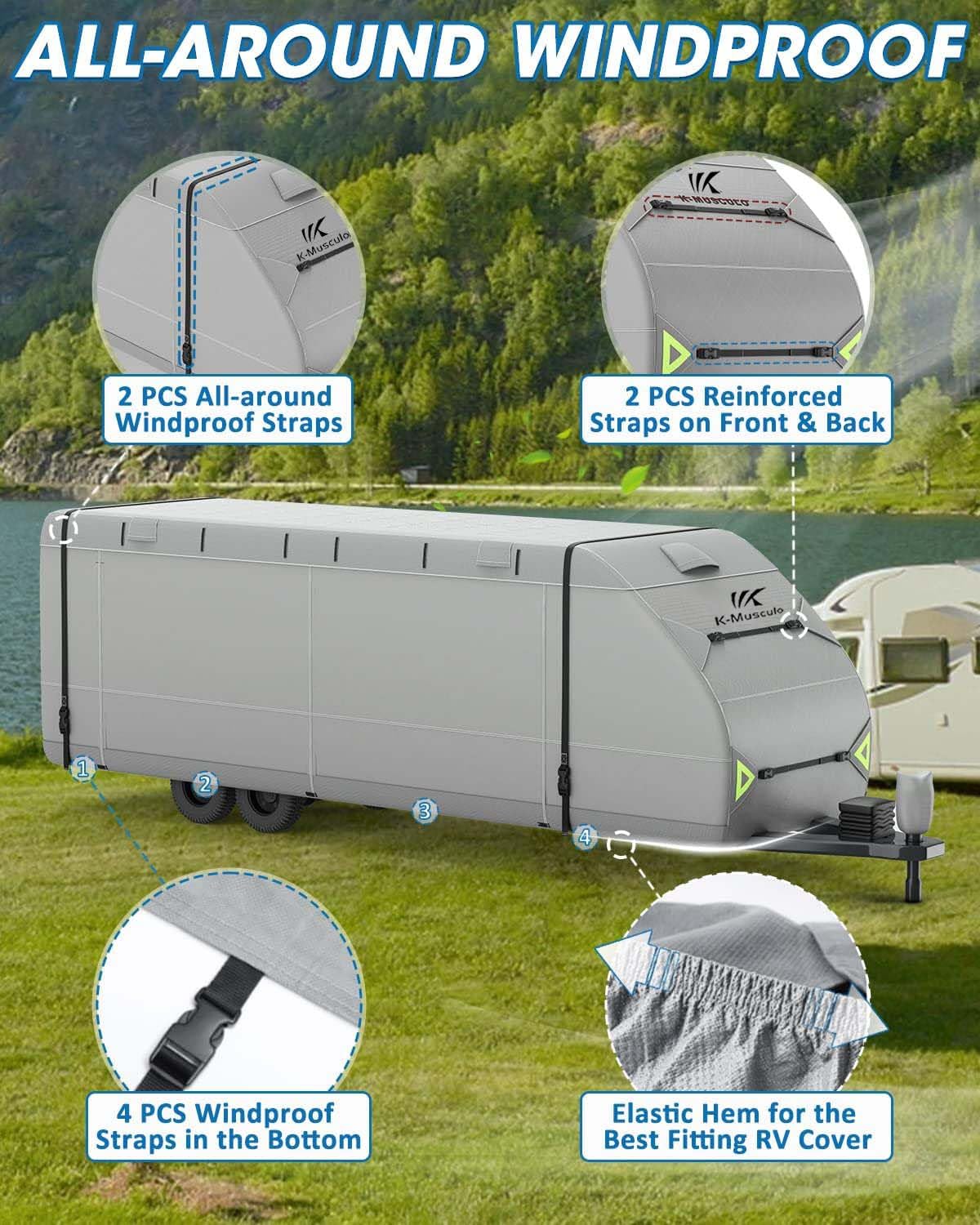 KMusculo RV Cover, 2427 FT Heavy Duty Travel Trailer Cover with 8 Layers Corner, Windproof and