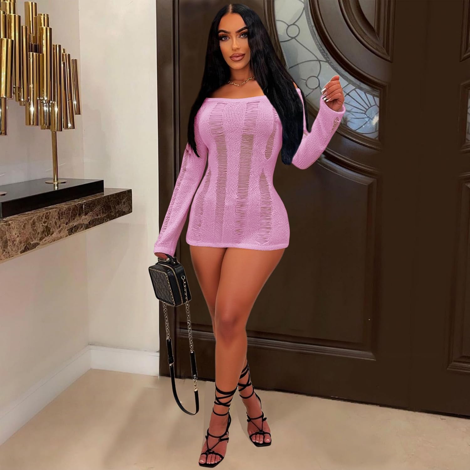 Women Sexy Bodycon Mini Dress Off Shoulder Y2K Club Night Going Out Dresses Knitted Backless Long Sleeve Short Dress - Image 3