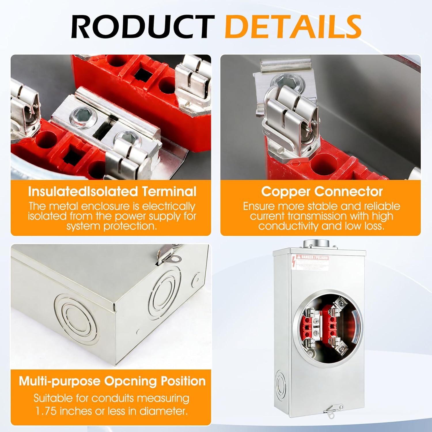 200 Amp Meter Socket, Electrical meter sockets,Meter socket4 Jaw Meter Base, 600V 3 Wire Ringless Type, with Horn Bypass Meter Cover Plate(200A 4Jaw)