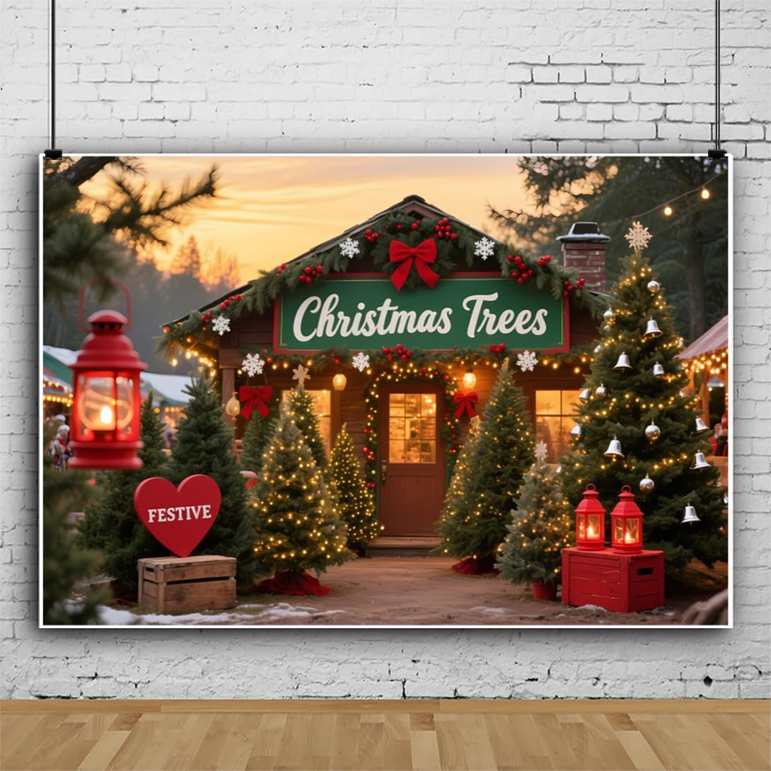 12x8ft Christmas Tree Photo Backdrop Lights and Sunset Festive Xmas Wooden Shop Large Christmas Photography Backdrop Background Happy Holidays Theme Party Decorations Studio Photo Props