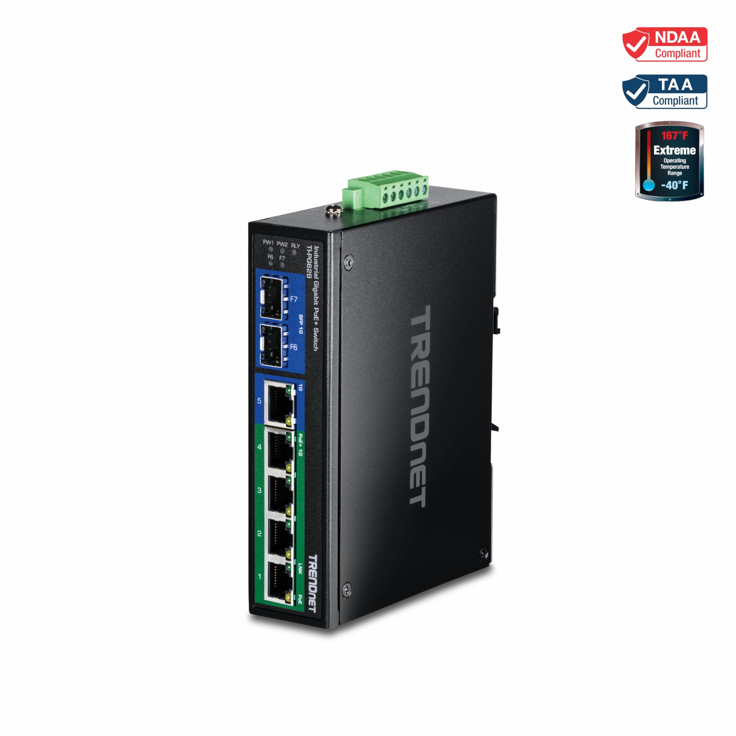 TRENDnet, TI-PG62B, Switch DIN-Rail PoE+ Gigabit Industrial de 6 Puertos, de 12 a 56 V, Carcasa con clasificación IP30, Negro