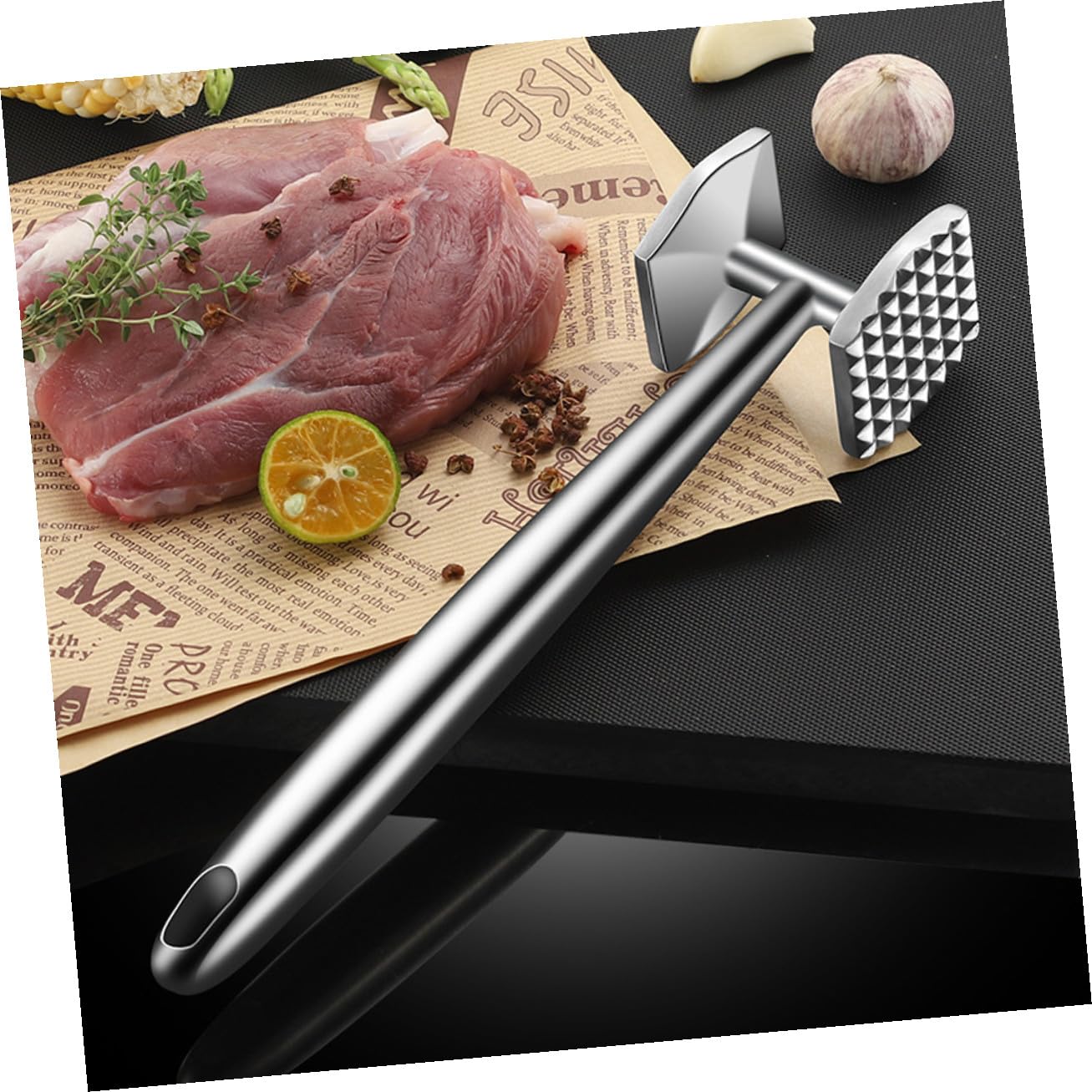 Edelstahl Fleischklopfer mit Ergonomischem Griff Fleischzartmacher Hammer für Steak und Geflügel Vielseitiges Küchenwerkzeug mit Rutschfestem Griff und Aufhängeöffnung für BBQ und