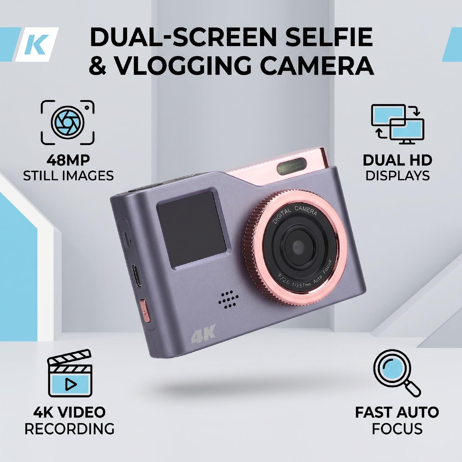 LICAEVEY Fotocamera Digitale 4K, Fotocamera Selfie Doppio Schermo da 48 MP con Registrazione Video, Zoom 8X, Messa a Fuoco Automatica, per Fotografia per Principianti, Anti-Shake